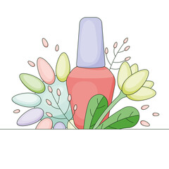 A color palette of nail polish and a bottle of gel polish with a flower. Round palette with artificial nails, color samples