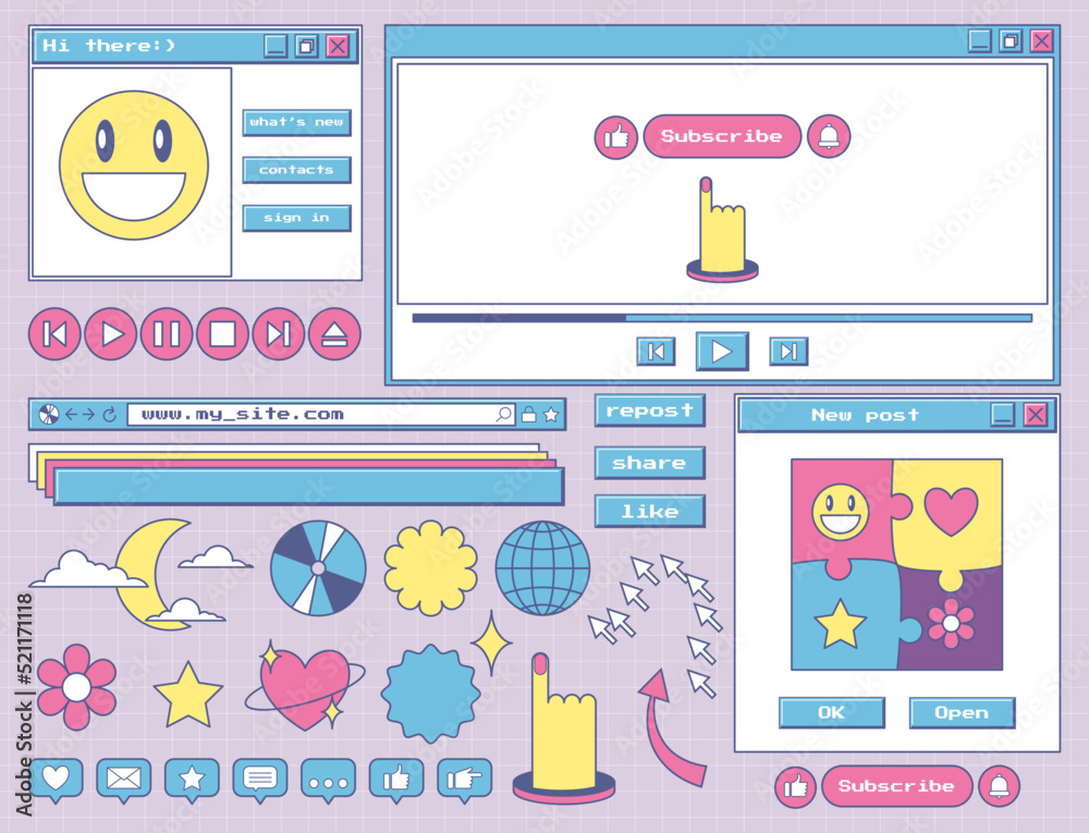 Fototapete a set of stickers and icons in retro aesthetics old computer style. user interface elements, dialog 