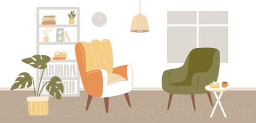 Psychologist cabinet, cozy room with two comfy chairs, paper tissues, bookcase and monstera homeplant. Horizontal vector illustration