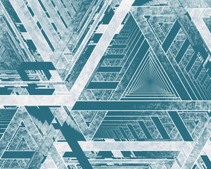Abstract geometric triangles fractal art in teal and white.