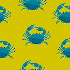 Fototapeta na wymiar Hand drawn blue Crab. Seafood shop, restaurant menu, fish market, banner, fabric, textile print, poster design template. Fresh shellfish products. Trendy Vector illustration. Square seamless pattern