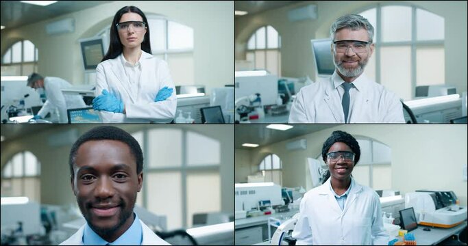 Portraits of happy multi-ethnic healthcare workers in uniform in laboratory. Male and female doctors at workplace in lab. Hospital concept, medicine science. Medical specialists in clinic, collage