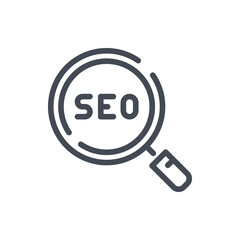 SEO research line icon. Magnifier glass with SEO vector outline sign.