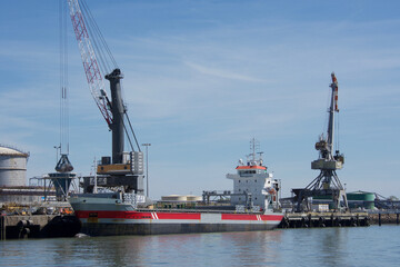 big cargo waiting for loading in the port of Saint-Nazaire.  Estuary of the Loire river, France.