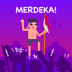 Obraz na płótnie Canvas A Man With Flag Giving Encouragement To The People, Indonesia Independence Day Vector Cartoon Illustration