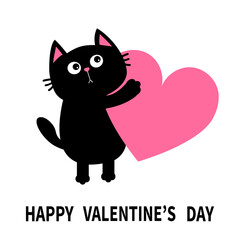 Happy Valentines Day. Cat kitten kitty holding big pink heart. Cute cartoon kawaii funny animal character head face. Flat design. Love card. Sticker print. White background. Isolated.