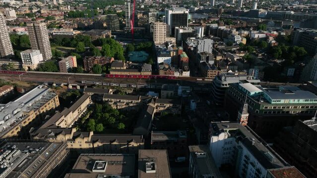 Aerial drone view of transportation train in London
