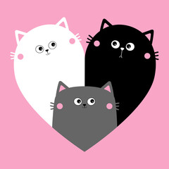 Cat heart set. Mother, father, bay. Happy Valentines day. Black White Yin Yang kitty kitten. Cute cartoon kawaii funny character. Couple family. Sticker template. Pink background. Flat design.