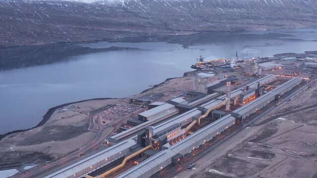 Alcoa Fjarda&aacute;l aluminium smelter industry factory on shore of Rey&eth;arfj&ouml;r&eth;ur