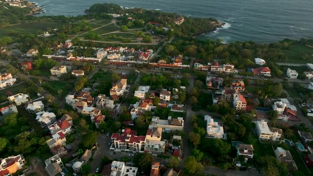 Puerto Escondido,Carrizalillo, renconada, Aerial fly drone view. Natural Bay Beach drone fly above sea water in Pacific Ocean, Messico