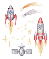 Watercolor set of space rocket and stars isolated.