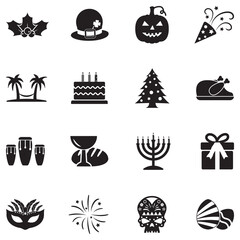 Holidays Icons. Black Flat Design. Vector Illustration.