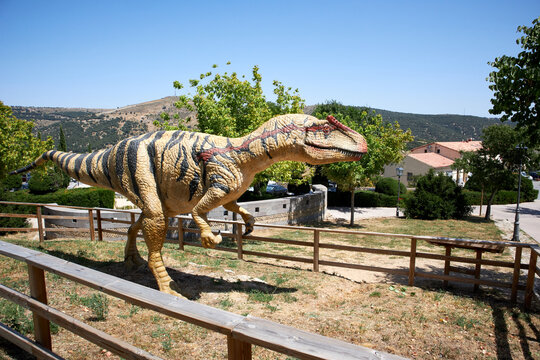 Allosaurus dinosaur replica, in the inner enclosure of the castle of Morella, Spain