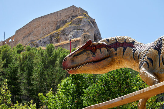 Allosaurus dinosaur replica, in the inner enclosure of the castle of Morella, Spain