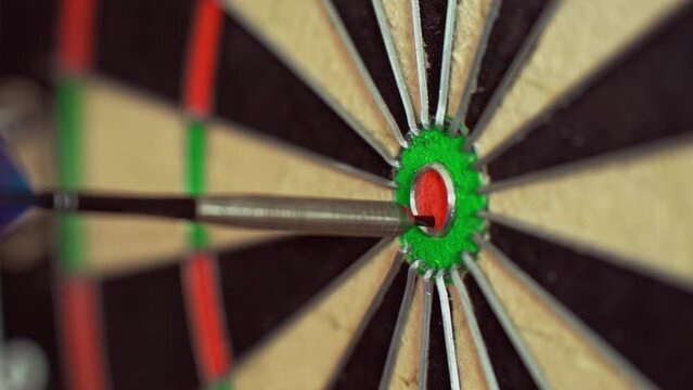 A dart is thrown at the bullseye.