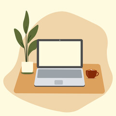 Concept of homework, workspace. Laptop, notebook on a table with plant, cup of coffee. Vector illustration on beige background.