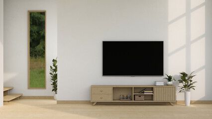 Modern minimal home living room interior design with TV on the white wall, wooden TV cabinet