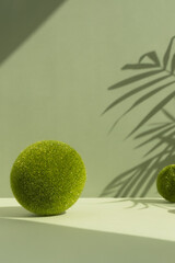 Minimal abstract scene with glass balls with the shadow of palm leaves on a green background. Premium podium for product promotion, beauty, natural eco cosmetic. Showcase, display case.