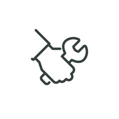 Thin Outline Icon Human Hand Holding a Wrench, Spanner in Arm. Such Line Sign as Car Mechanic Services Plumbing Work, Professional Services. Vector Computer Isolated Pictogram for Web Editable Stroke.