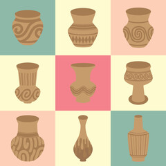 many brown vases jar earthenware background illustration