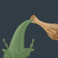 The brown earthenware pottery water jug is pouring green water vector illustration