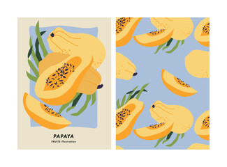 Vector illustration poster with papaya fruit. Art for postcards, wall art, banner, background. Seamless pattern.