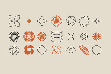 Vector set of different geometric shapes and elements. Brutalist design icons and signs. Basic forms.