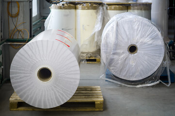 Large paper roll for typography. Flexographic white self-adhesive paper for the production of...