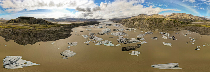 Drone view at Hoffellsjökull glacier lagoon in Iceland