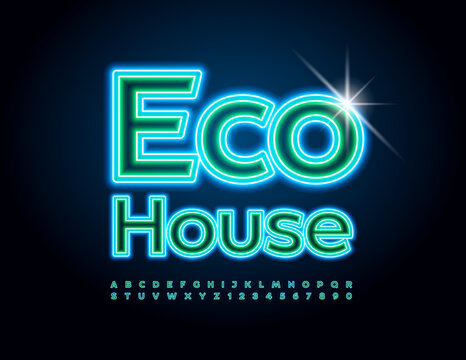 Vector Glowing Banner Eco House.  Bright Neon Font. Creative Alphabet Letters and Numbers. 