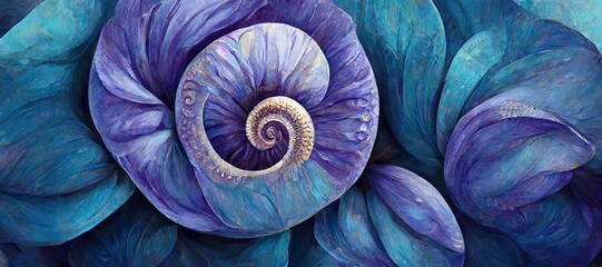 Surreal ammonite swirls and petal spiral flowers in aquamarine blue and amethyst purple pastel color hues. Imaginative floral fresco type illustration art that is out of the ordinary and fascinating.