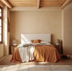 Papier Peint photo Style bohème Arrière-plan intérieur de chambre à coucher maison nomade contemporaine, rendu 3d