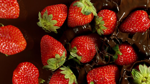 Freeze motion of falling strawberries into melted chocolate.