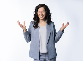 woman with curly black hair in a business suit. isolated, white background