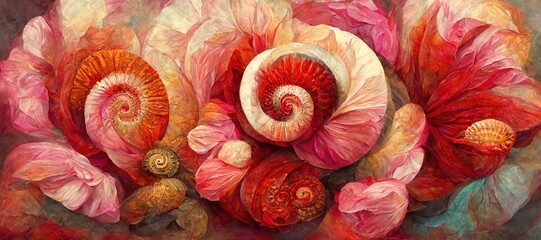 Surreal ammonite swirls and petal spiral flowers in ruby red and whimsical light pink pastel color hues. Imaginative floral fresco type illustration art that is out of the ordinary and fascinating. - obrazy, fototapety, plakaty