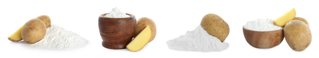 Set with starch and fresh potatoes on white background. Banner design