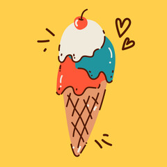 Hand drawn illustration of an ice cream cone in doodle style