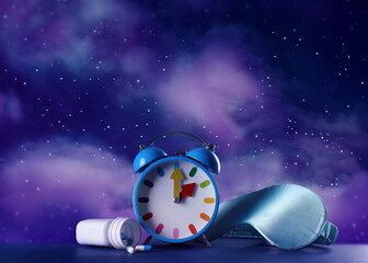Alarm clock, soporific pills and sleeping mask on blue wooden table against night sky with stars....