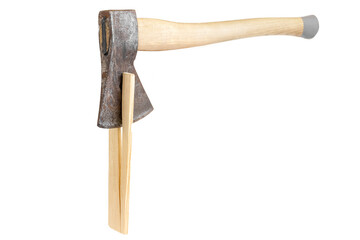 An ax splits a wood chip. Isolated ax on a white background. Cutting with an axe.