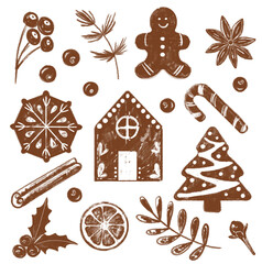 Set of christmas gingerbread, berries, cinnamon, holly, orange and cloves. Collection of holiday festive food. Elements for seasonal decoration, packaging and greeting card.