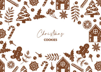 Christmas frame with gingerbread, berries, cinnamon, holly, orange and cloves. Background with holiday festive elements. Template for receipt, packaging and greeting card.