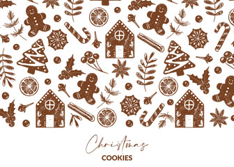 Merry christmas gingerbread, berries, cinnamon, holly, orange and cloves. Background with holiday festive elements. Template for receipt, packaging and greeting card.