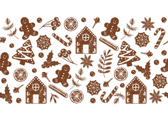 Seamless banner with christmas gingerbread, berries, cinnamon, holly, orange and cloves. Decoration with holiday festive elements. Template for web, packaging and greeting card.