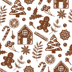 Christmas ginger cookies, berries, cinnamon, holly, orange and cloves. Seamless background with holiday festive elements. Pattern for receipt, packaging and greeting card.