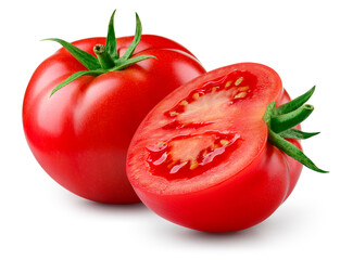 Tomato isolated. Tomatoes on white background. Tomato and a half side view. With clipping path. Full depth of field.
