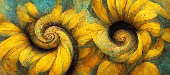 Surreal ammonite swirls and petal spirals with golden yellow sunflowers and hints of teal green colors. Imaginative floral fresco type illustration art that is out of the ordinary and fascinating. 