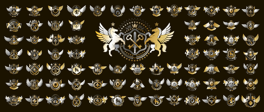 Heraldic Coat of Arms vector big set, vintage antique heraldic badges and awards collection, symbols in classic style design elements, family or business logos.