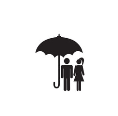 A man and a woman together under an umbrella isolated on a white background, a symbol of family protection, a pictogram, figures of people sketch umbrella icon