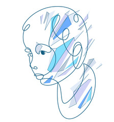 Portrait of a young child boy linear vector illustration isolated, toddler kid artistic line art drawing.