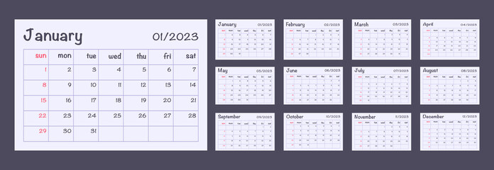 Year 2023 Monthly calendar template Week Starts on Sunday Wall calendar Vector illustration Isolated on dark purple background